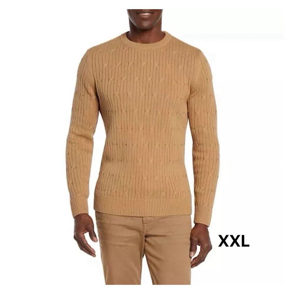 Express Men's Braided Cable Knit Sweater Long Sleeves Crew Neck Pecan Color, XXL